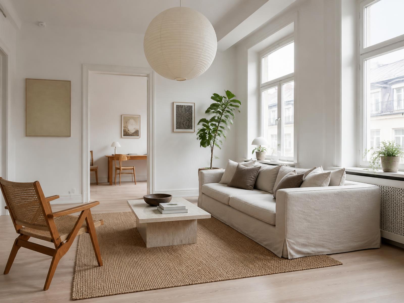 Lys nordisk lejlighed med store vinduer